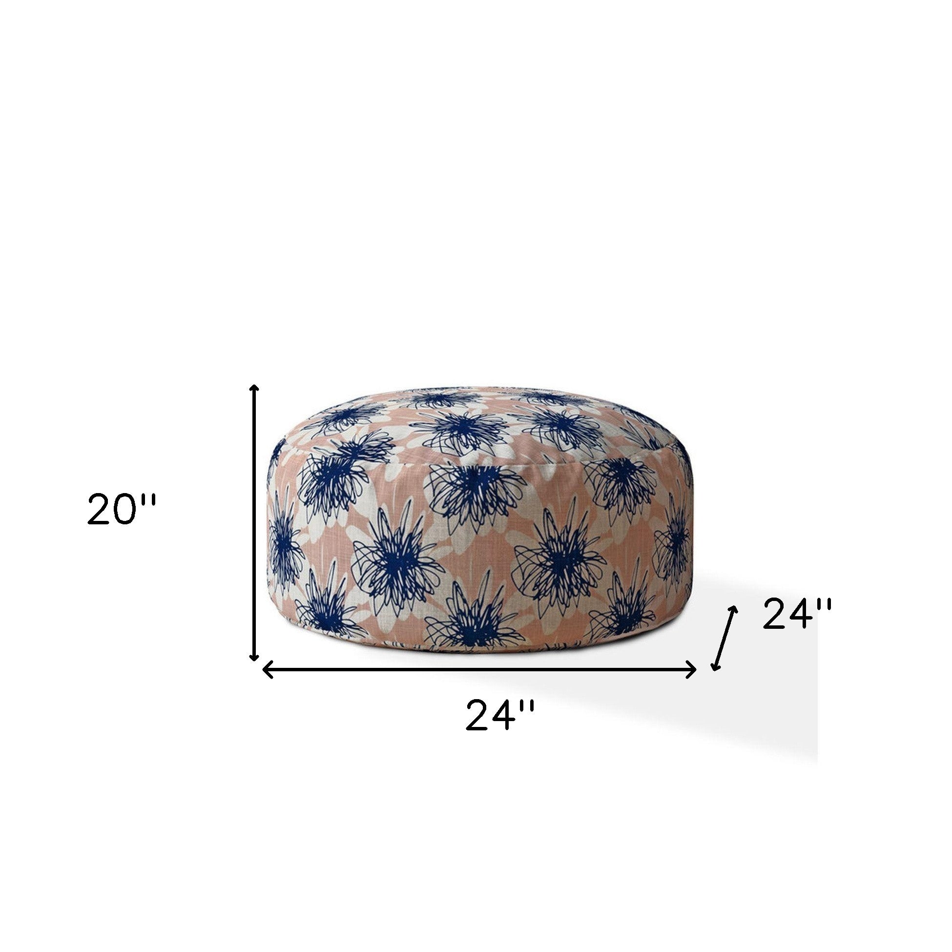 24" Pink And Blue Canvas Round Floral Pouf Ottoman