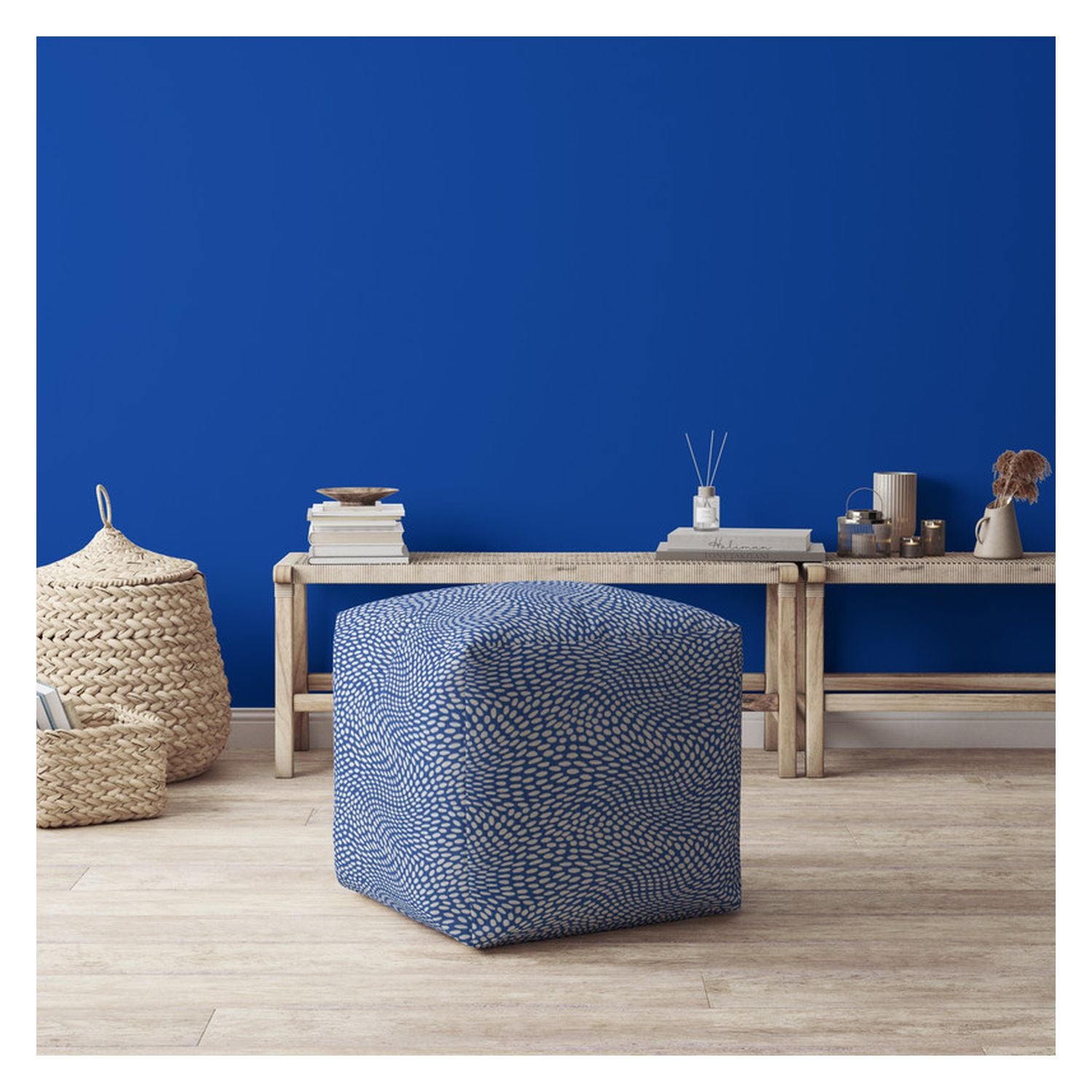 17" Blue And White Canvas Polka Dots Pouf Ottoman