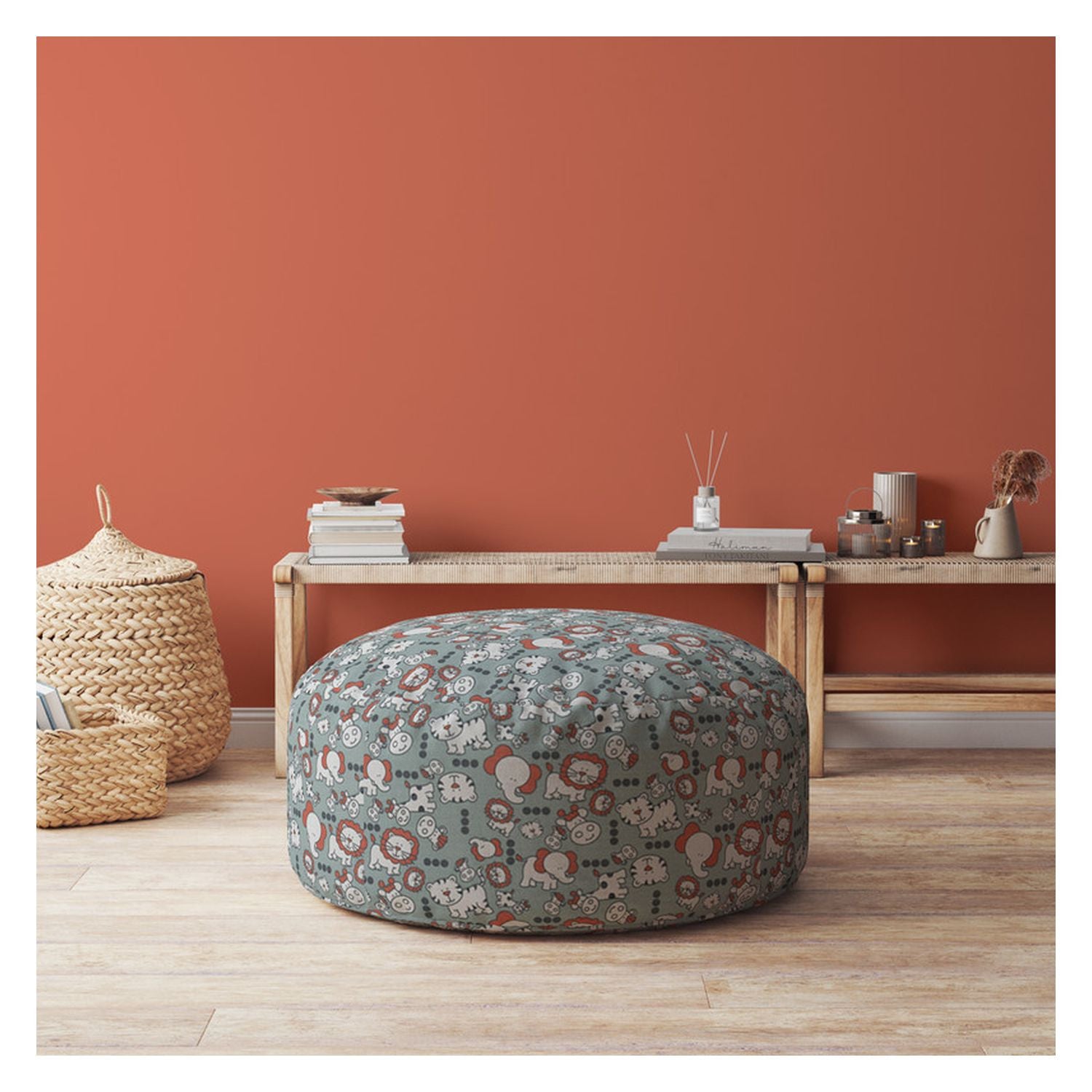 24" Gray And White Cotton Round Animal Print Pouf Ottoman