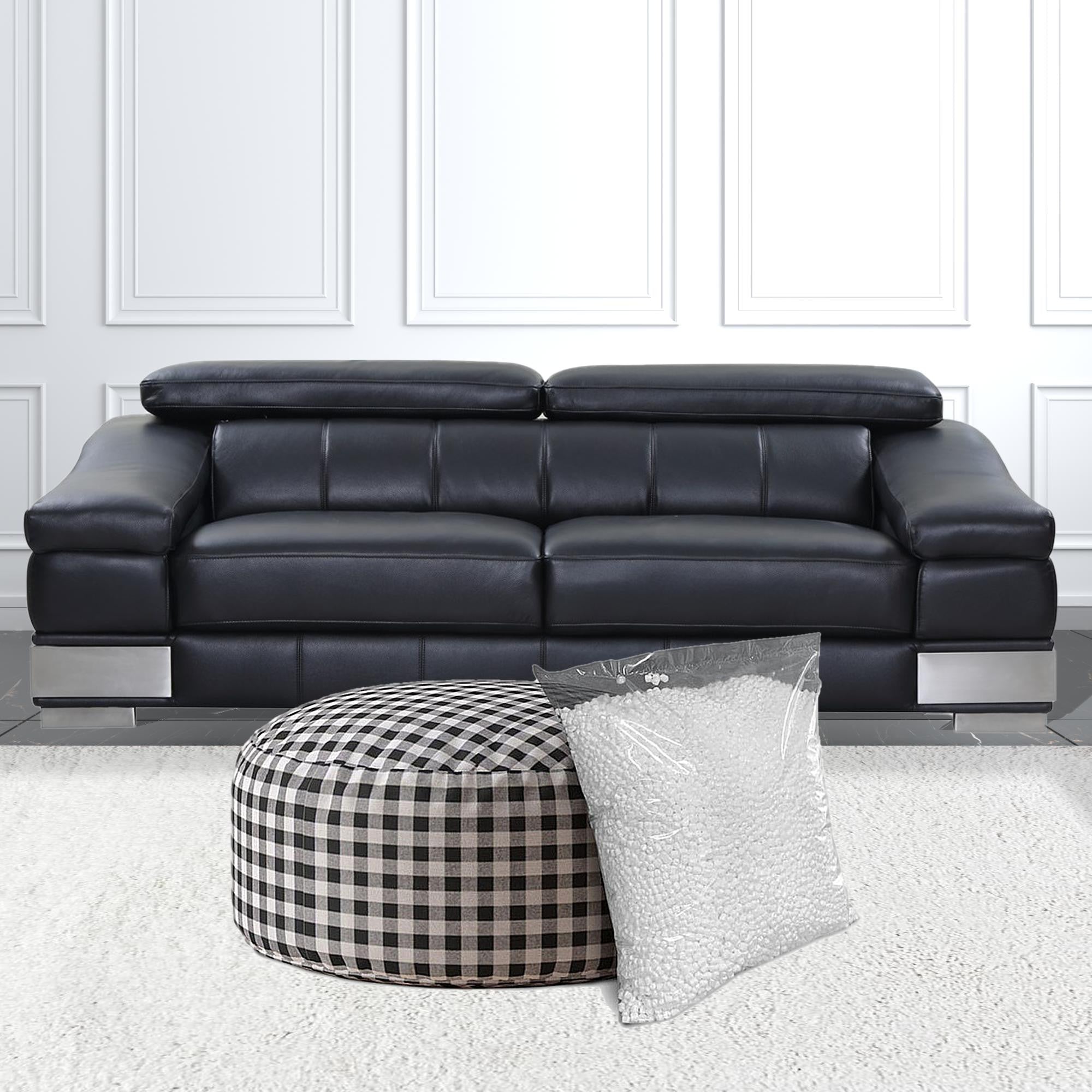 24" Gray And Black Cotton Round Gingham Pouf Ottoman