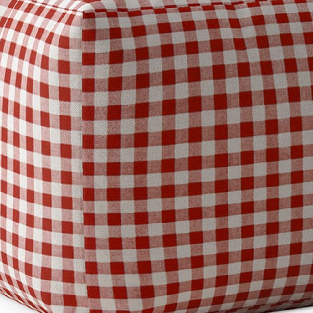 17" Red And White Cotton Gingham Pouf Ottoman