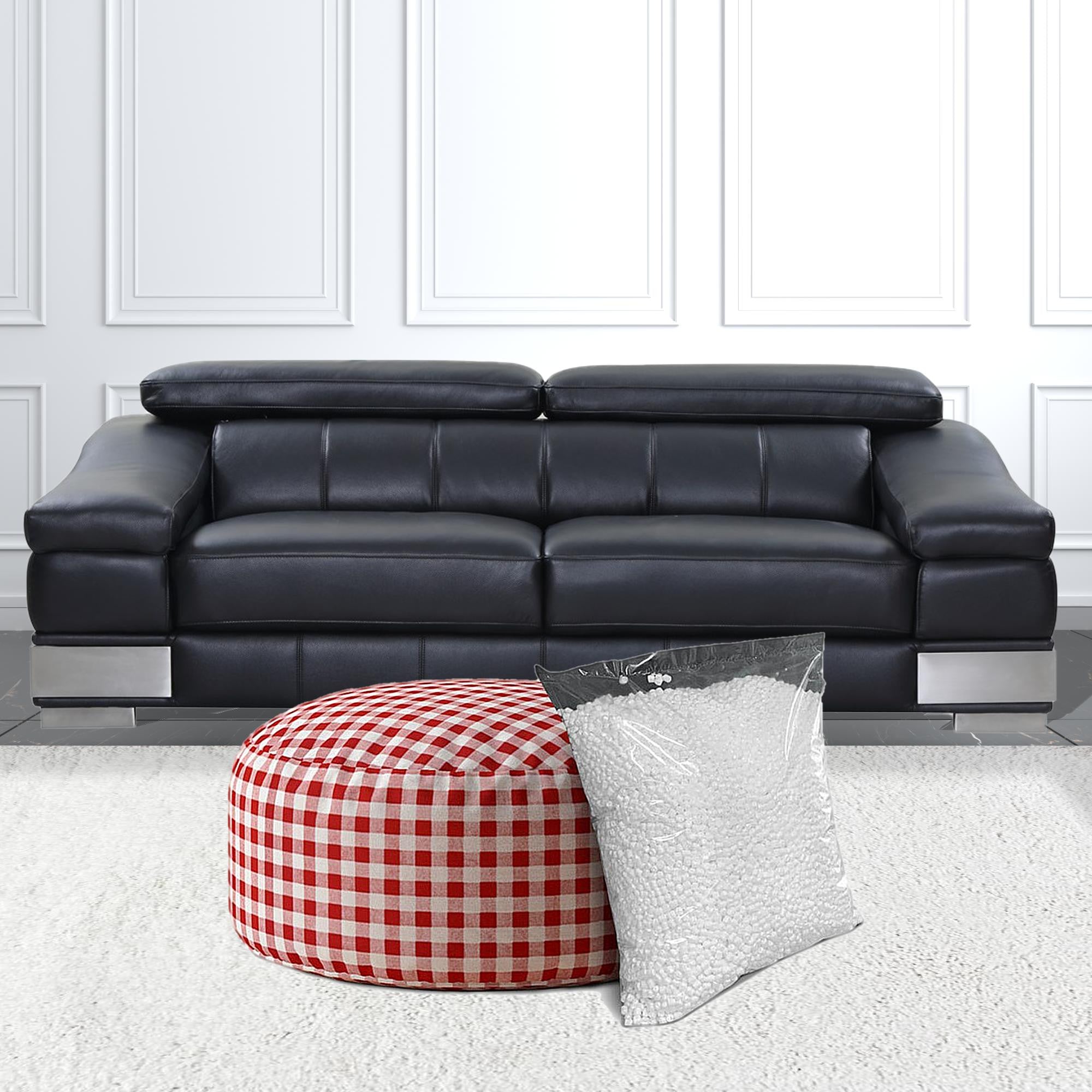 24" Red And White Cotton Round Gingham Pouf Ottoman