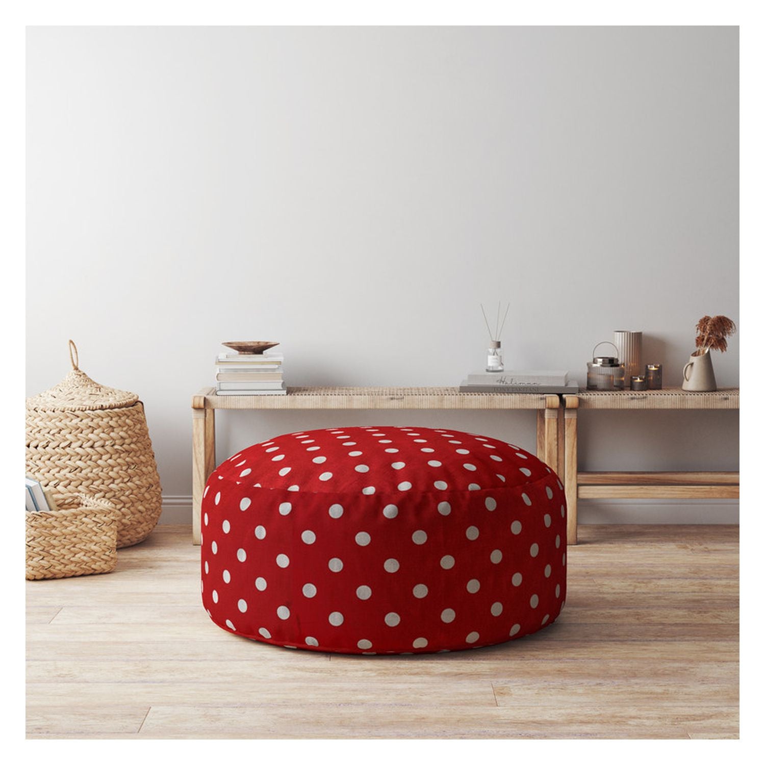 24" Red Cotton Round Polka Dots Pouf Ottoman