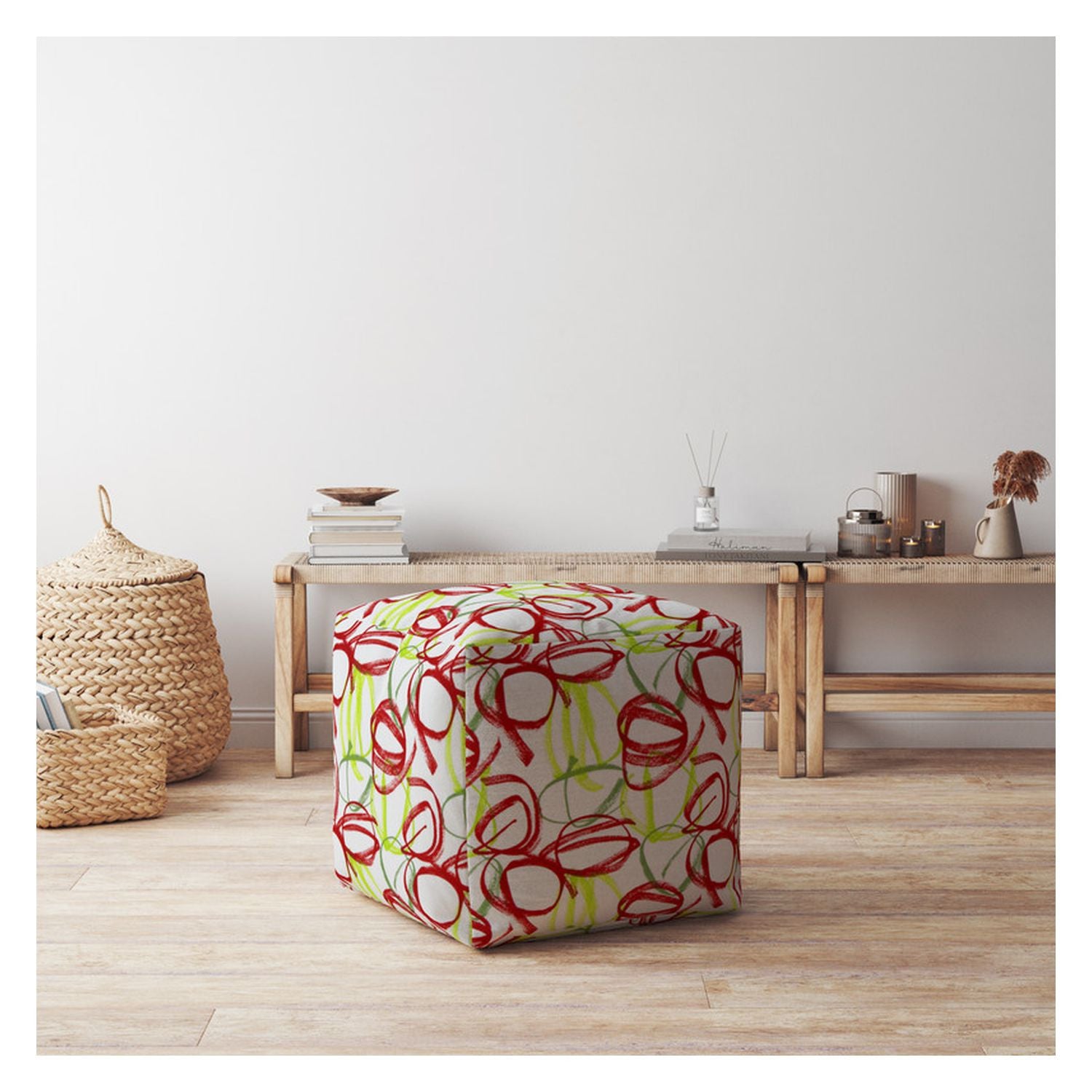 17" Red And White Cotton Abstract Pouf Ottoman