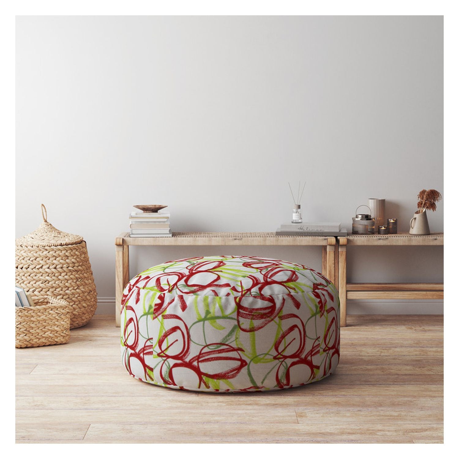 24" Red And White Cotton Round Abstract Pouf Ottoman