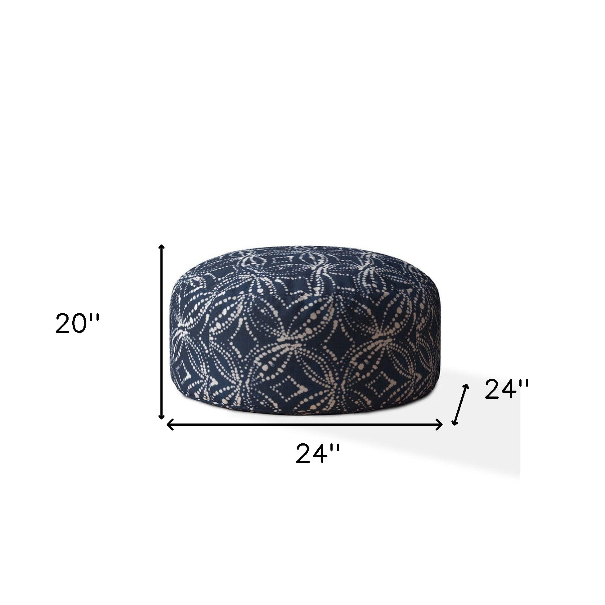 24" Blue And White Canvas Round Damask Pouf Ottoman