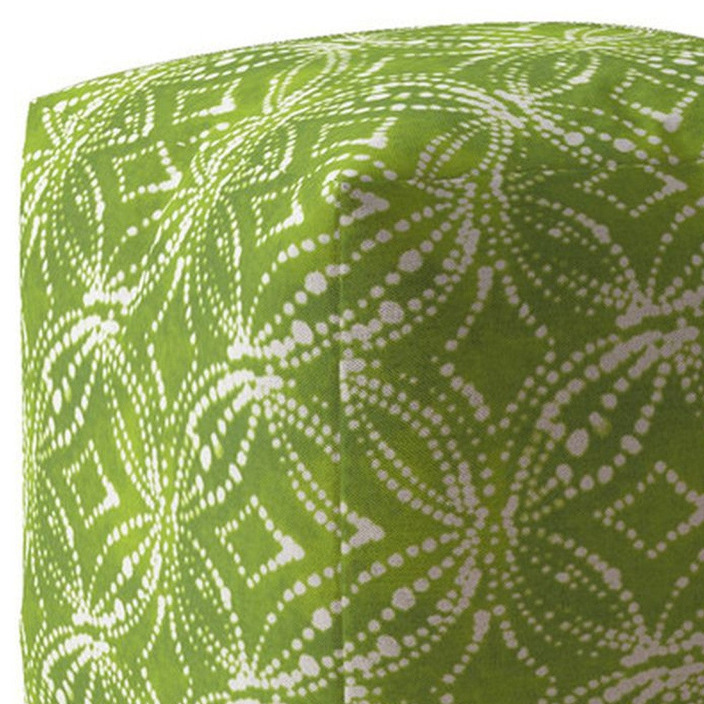 17" Green And White Cotton Damask Pouf Ottoman