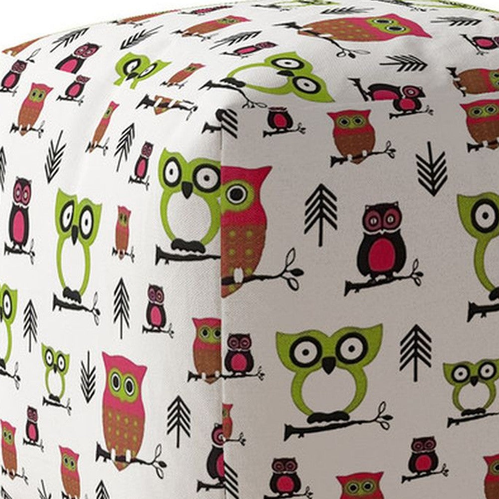 17" Green And White Cotton Owls Pouf Ottoman