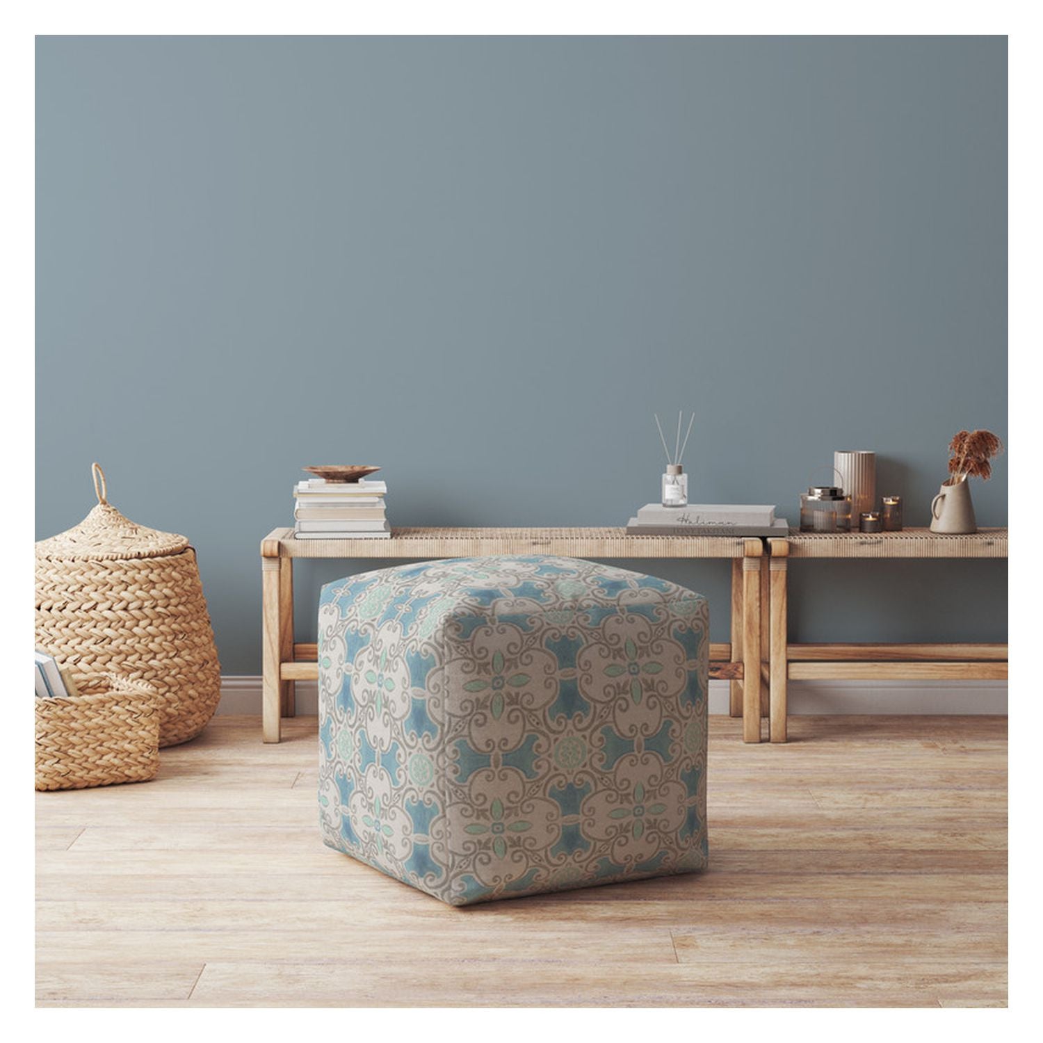 17" Blue Flax Ikat Pouf Cover