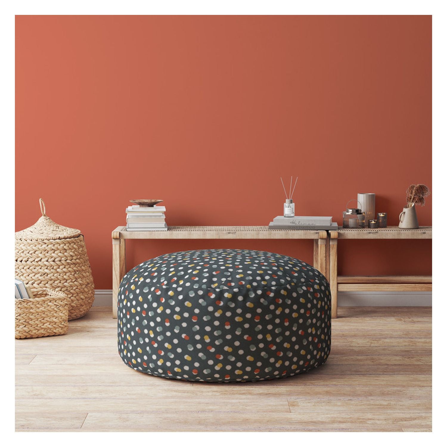 24" Blue Cotton Round Polka Dots Pouf Cover