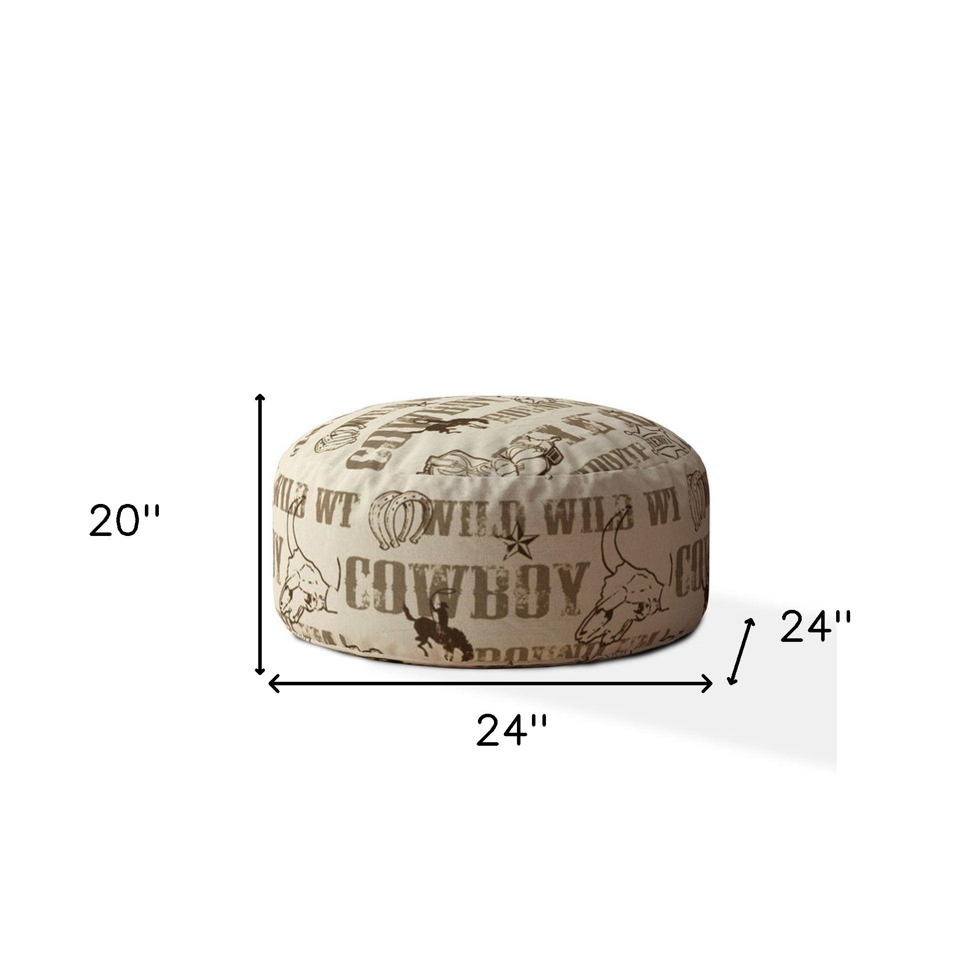 24" Brown Cotton Round Cowboy Pouf Cover