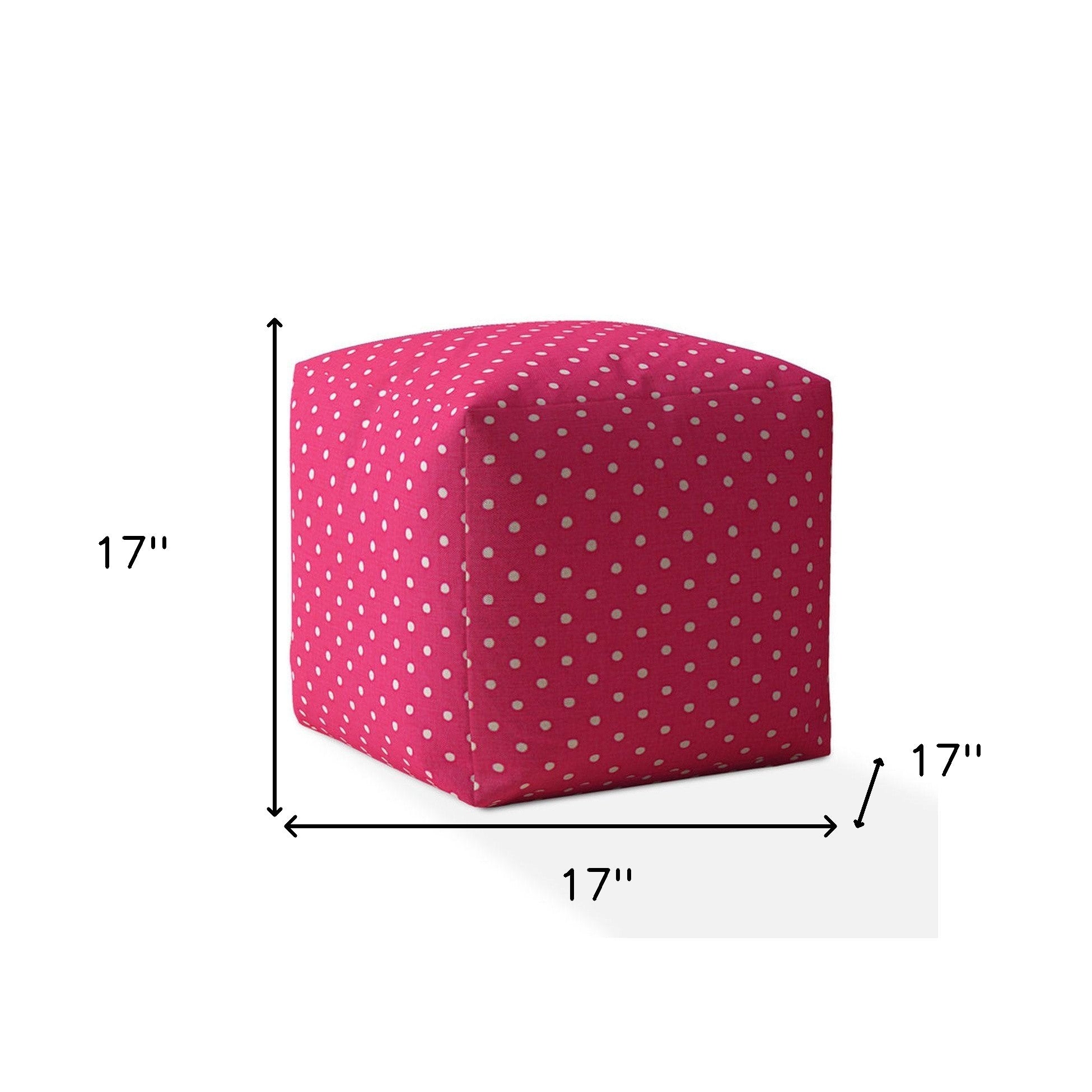 17" Pink And White Cotton Polka Dots Pouf Cover