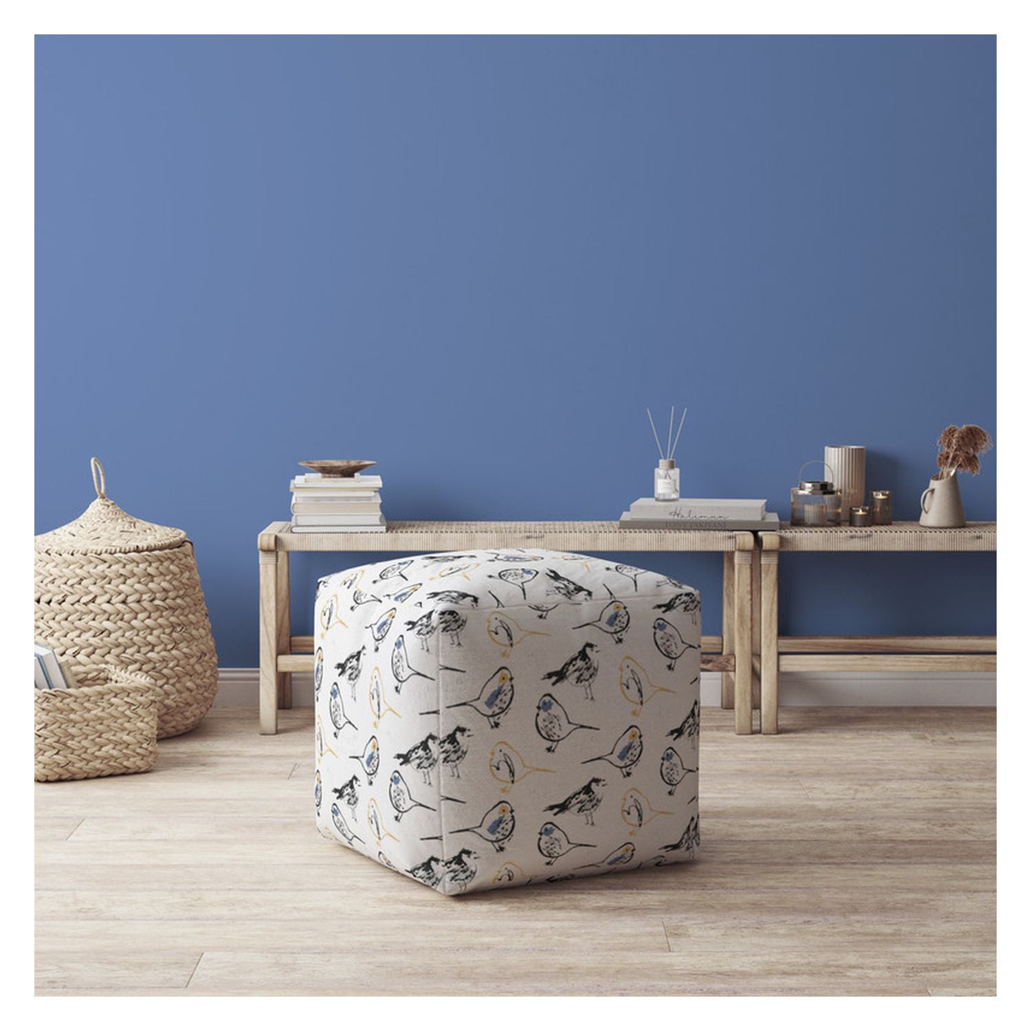 17" Yellow And White Canvas Birds Pouf Cover