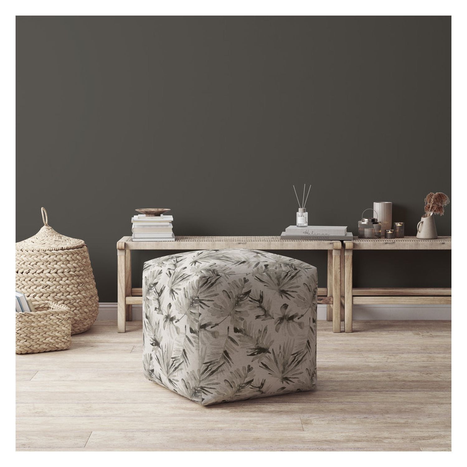 17" Beige Flax Floral Pouf Cover