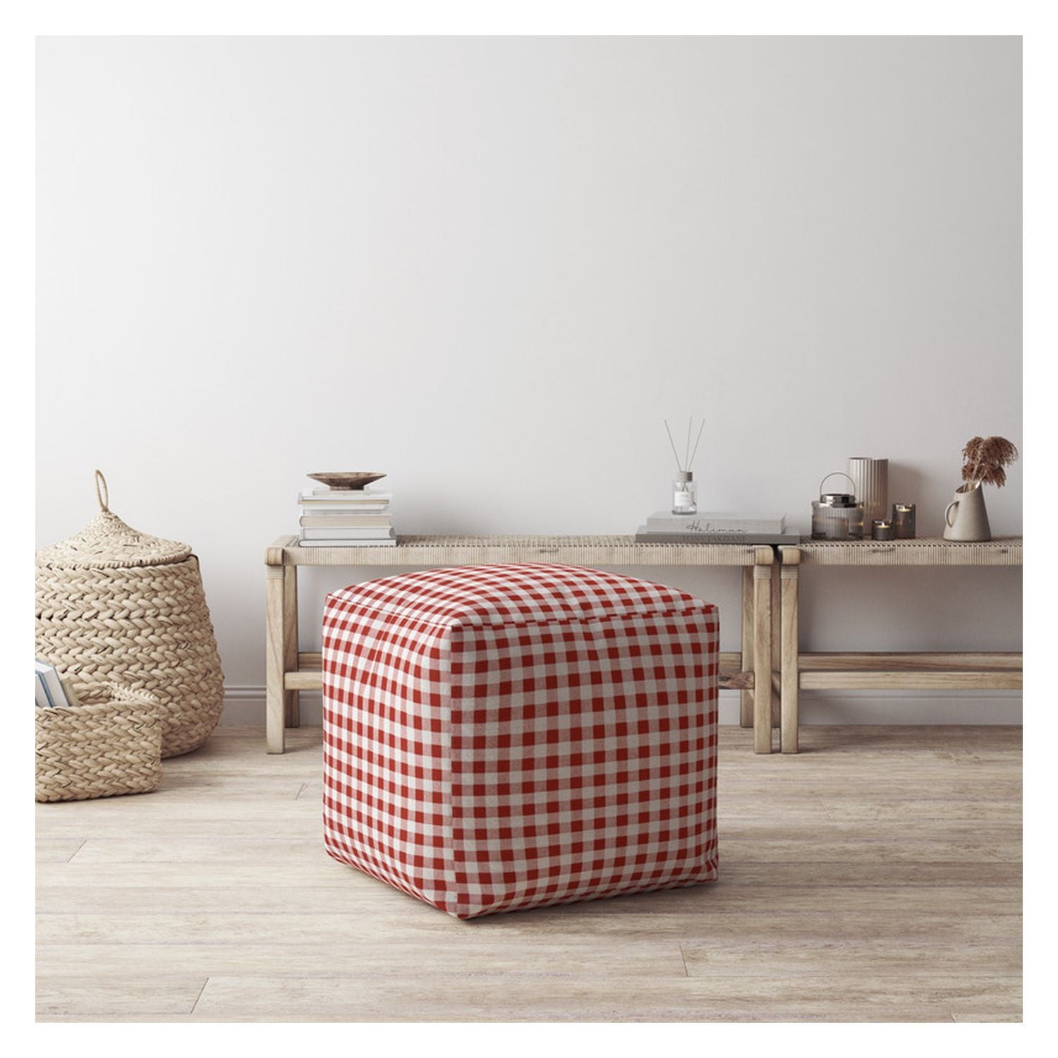 17" Red And White Cotton Gingham Pouf Cover