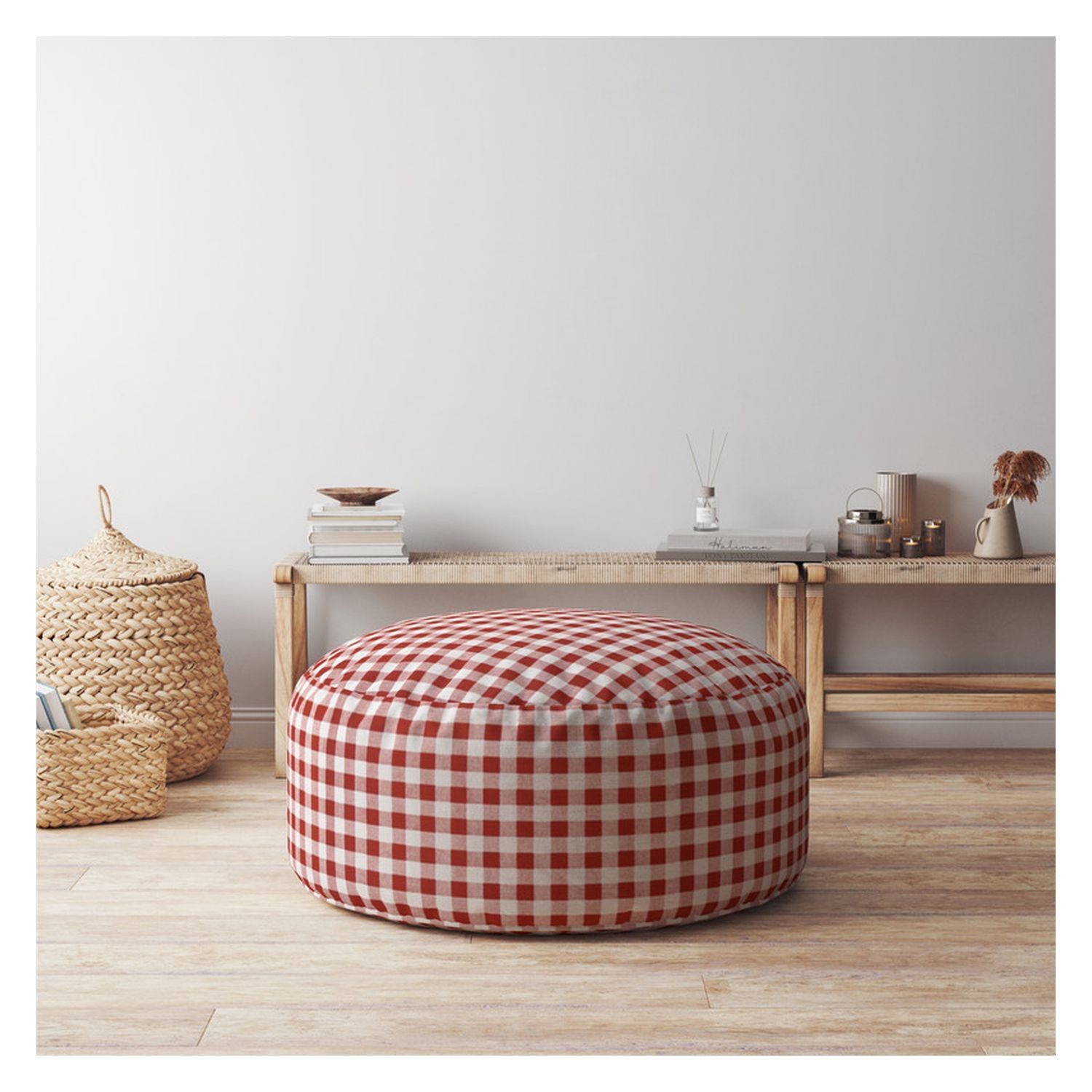 24" Red And White Cotton Round Gingham Pouf Cover