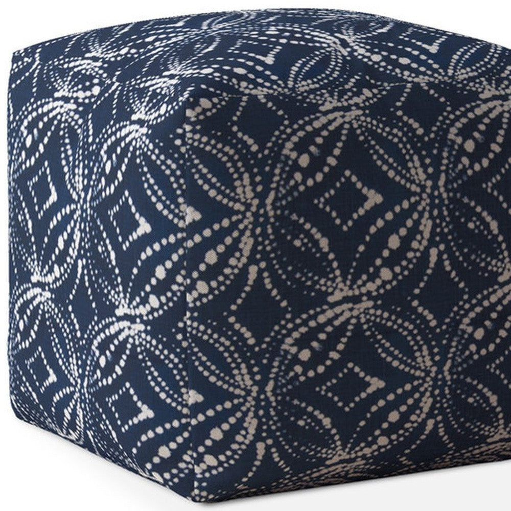 17" Blue And White Canvas Damask Pouf Cover