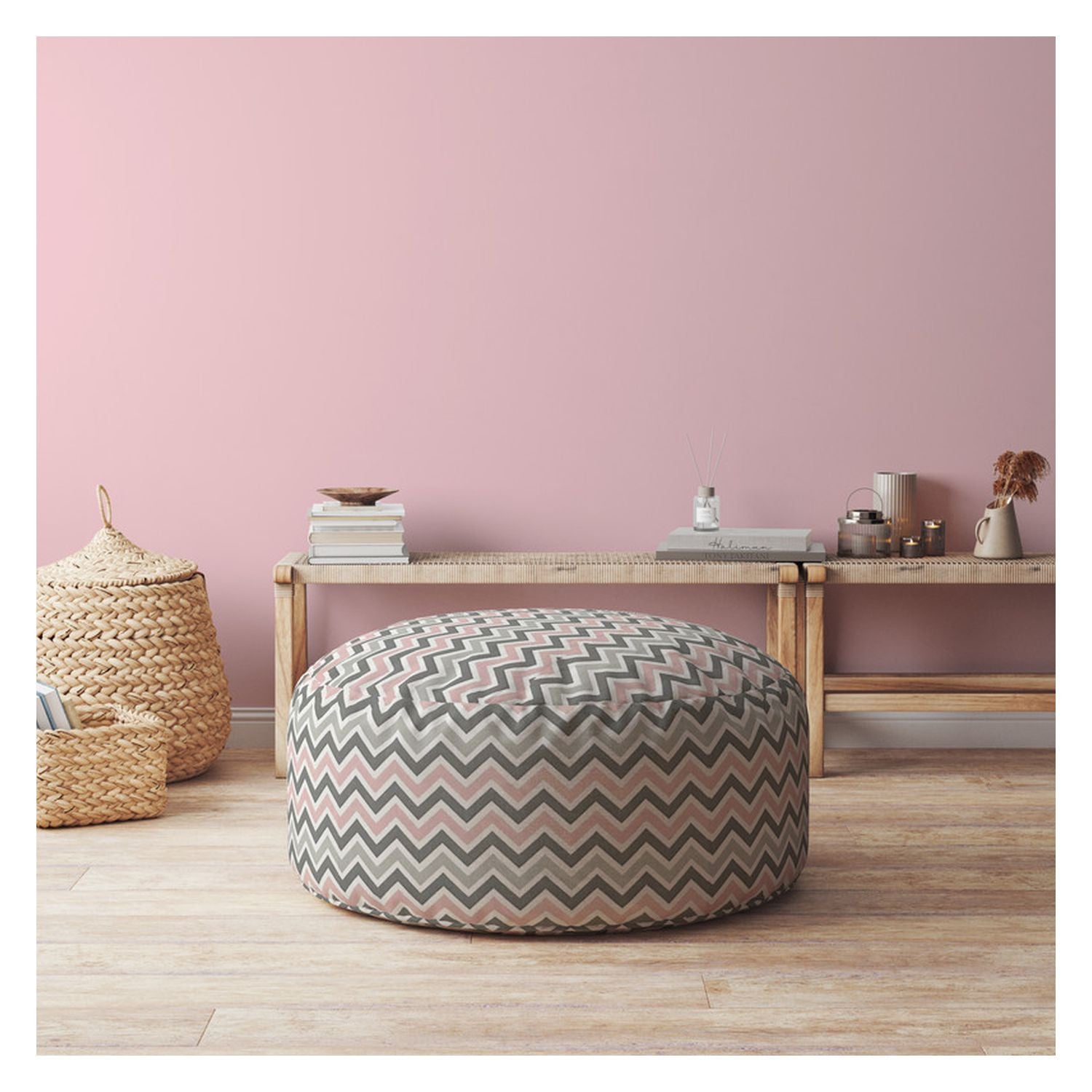 24" Gray Twill Round Chevron Pouf Cover