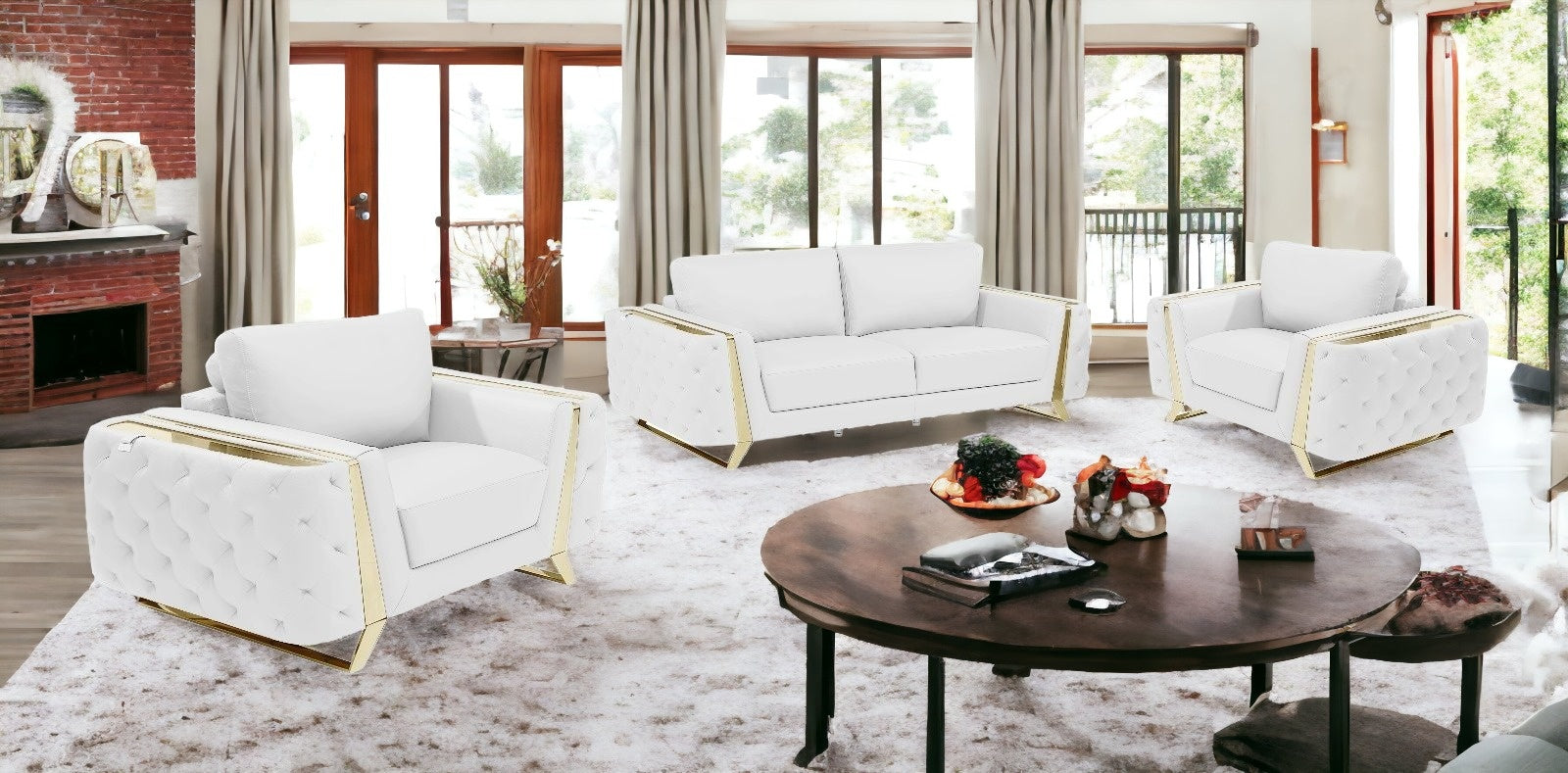 Three Piece White Genuine Leather Six Person Seating Set