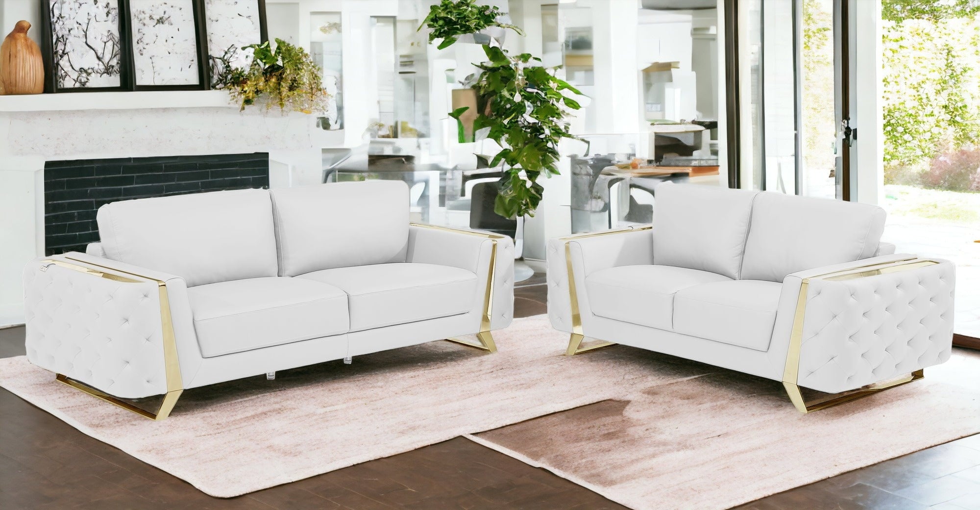 Two Piece White Genuine Leather Five Person Seating Set