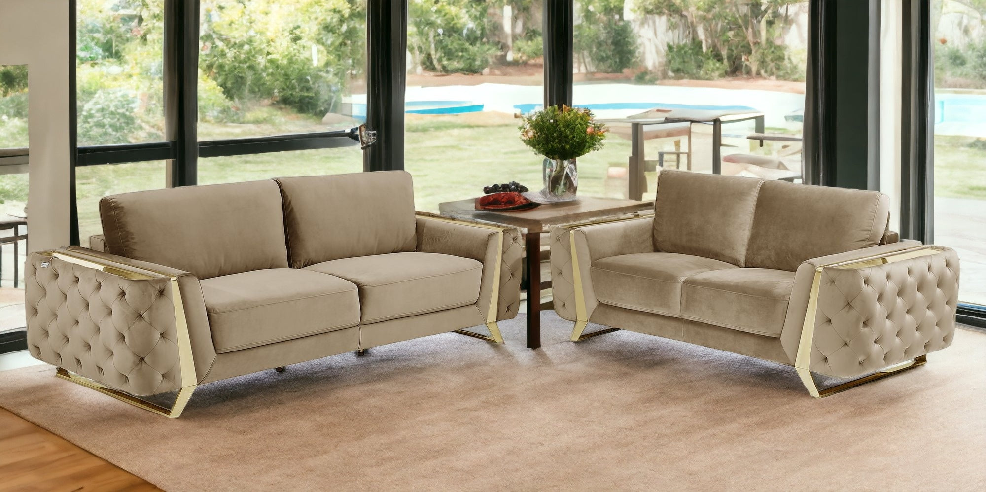 Two Piece Beige Velvet Five Person Seating Set