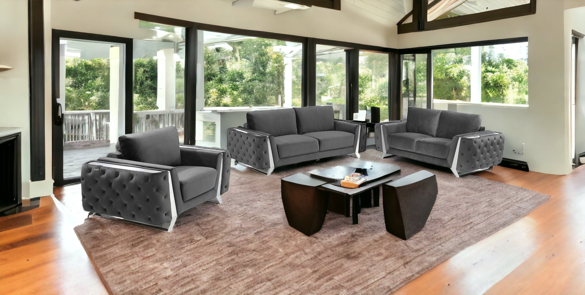 Three Piece Dark Gray Velvet Six Person Seating Set