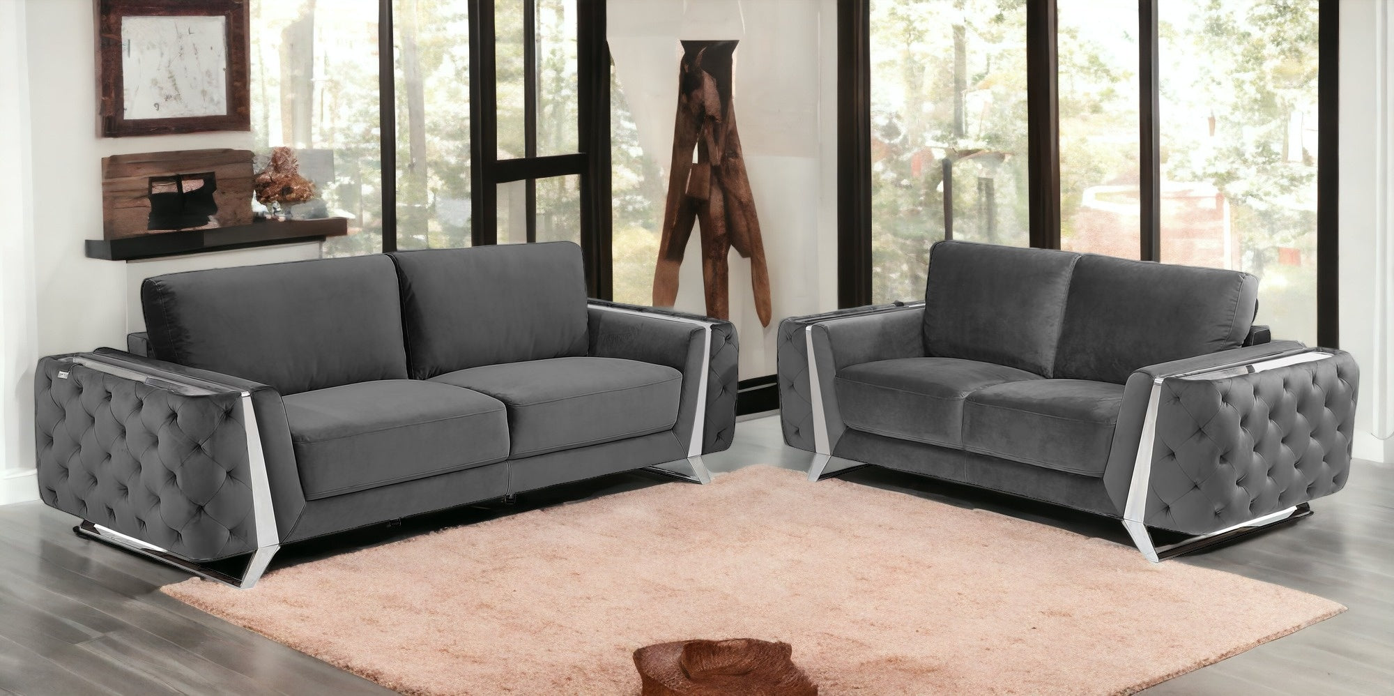 Two Piece Dark Gray Velvet Five Person Seating Set