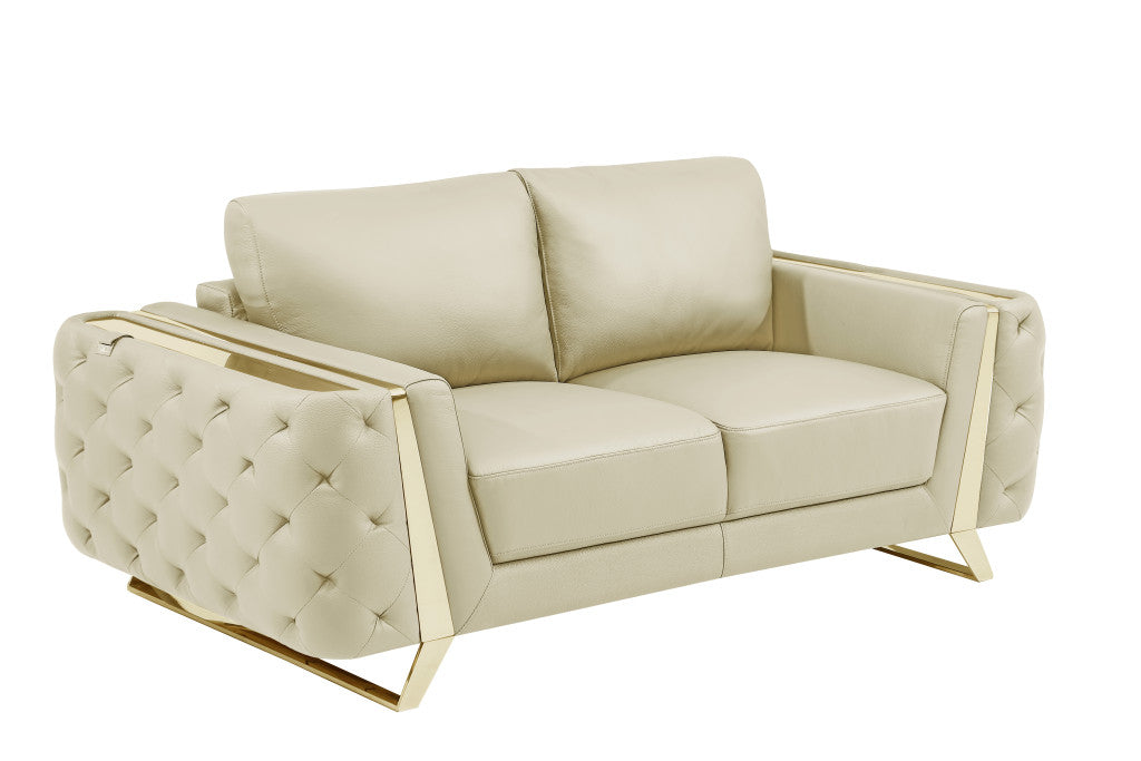 72" Beige And Gold Genuine Leather Love Seat