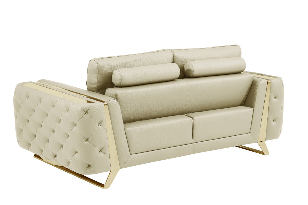 72" Beige And Gold Genuine Leather Love Seat