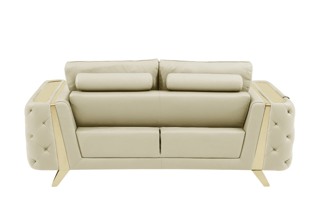 72" Beige And Gold Genuine Leather Love Seat