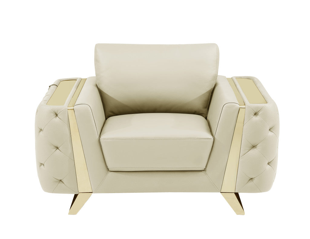 50" Beige and Silver Faux Leather Tufted Arm Chair