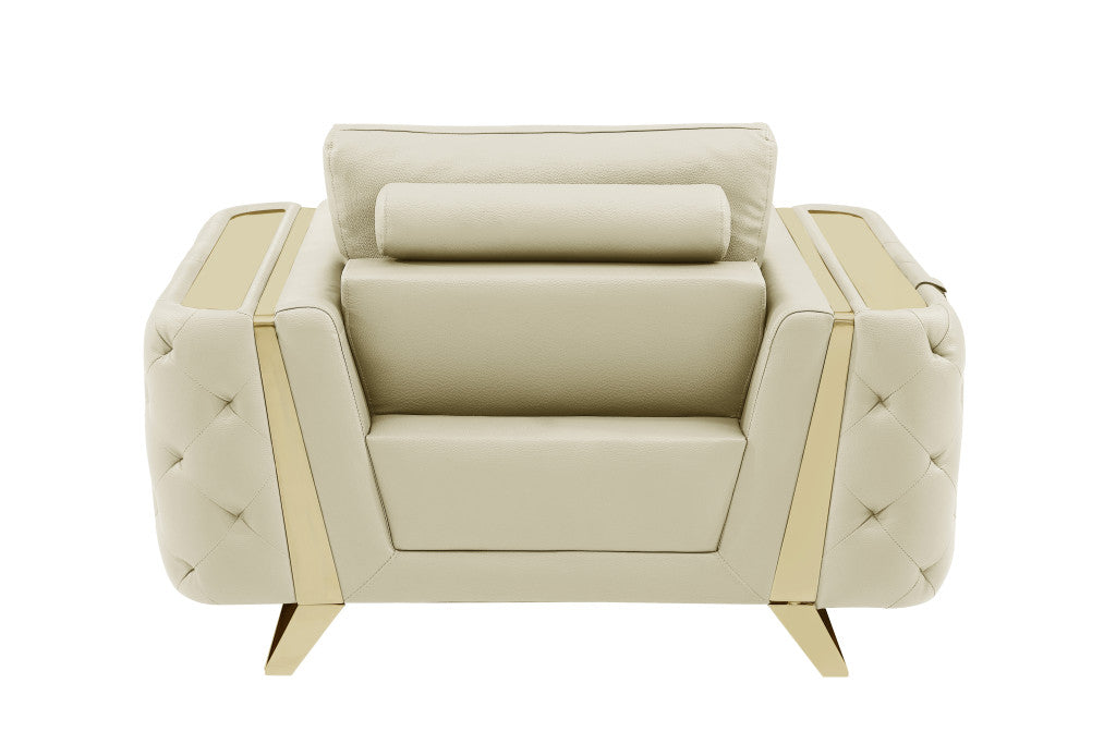 50" Beige and Silver Faux Leather Tufted Arm Chair