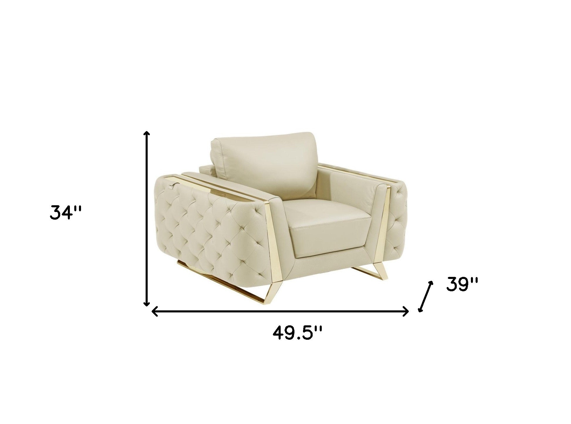 50" Beige and Silver Faux Leather Tufted Arm Chair