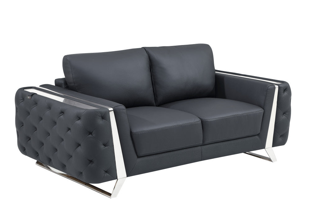 72" Dark Gray And Silver Genuine Leather Love Seat