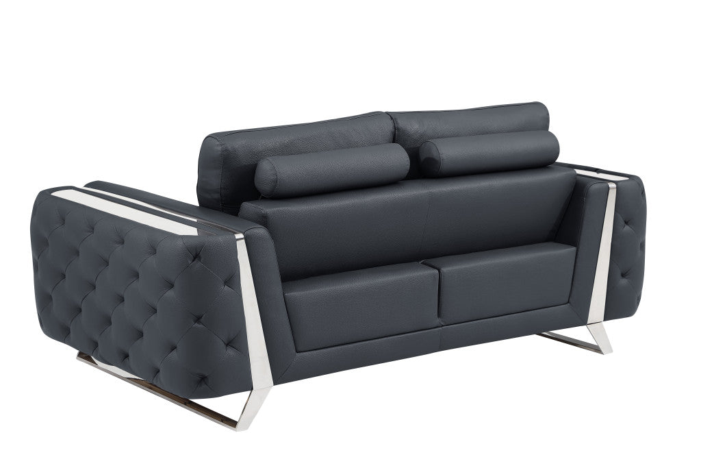 72" Dark Gray And Silver Genuine Leather Love Seat