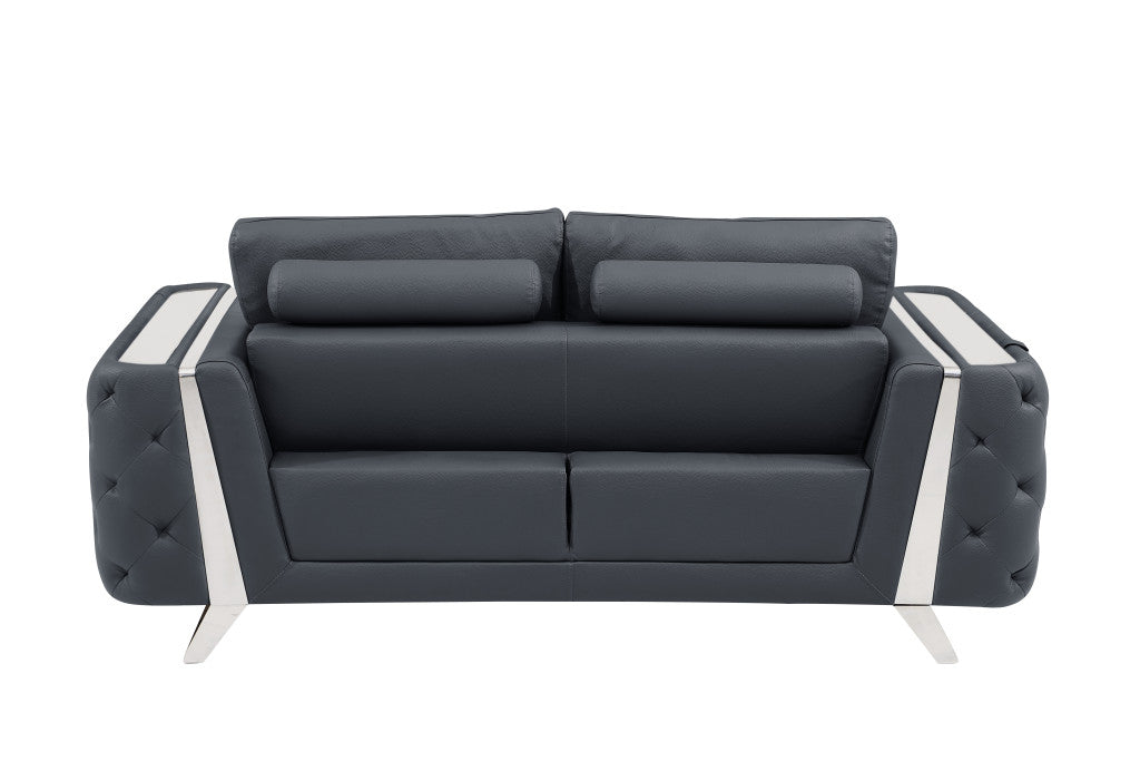 72" Dark Gray And Silver Genuine Leather Love Seat