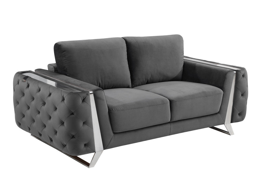 72" Dark Gray And Silver Velvet Love Seat