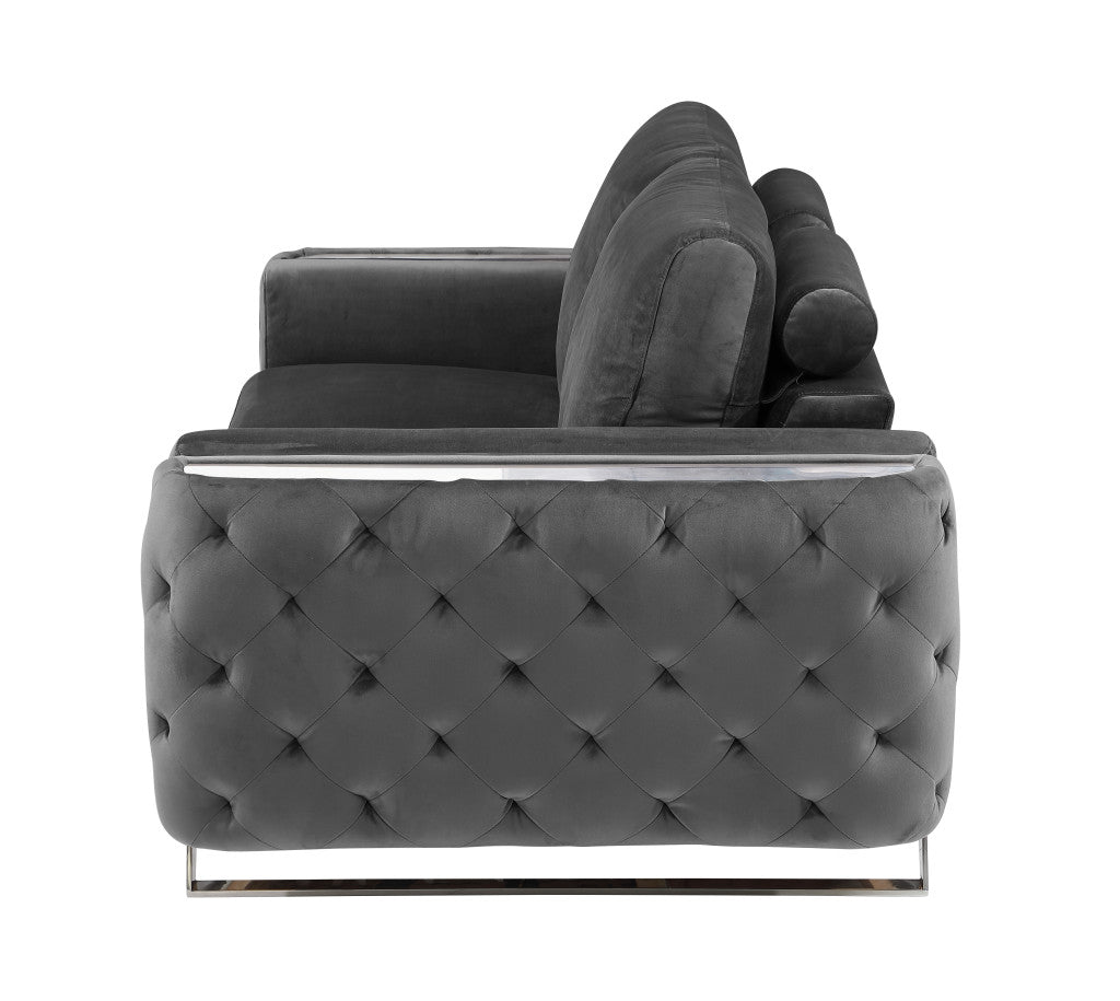 72" Dark Gray And Silver Velvet Love Seat