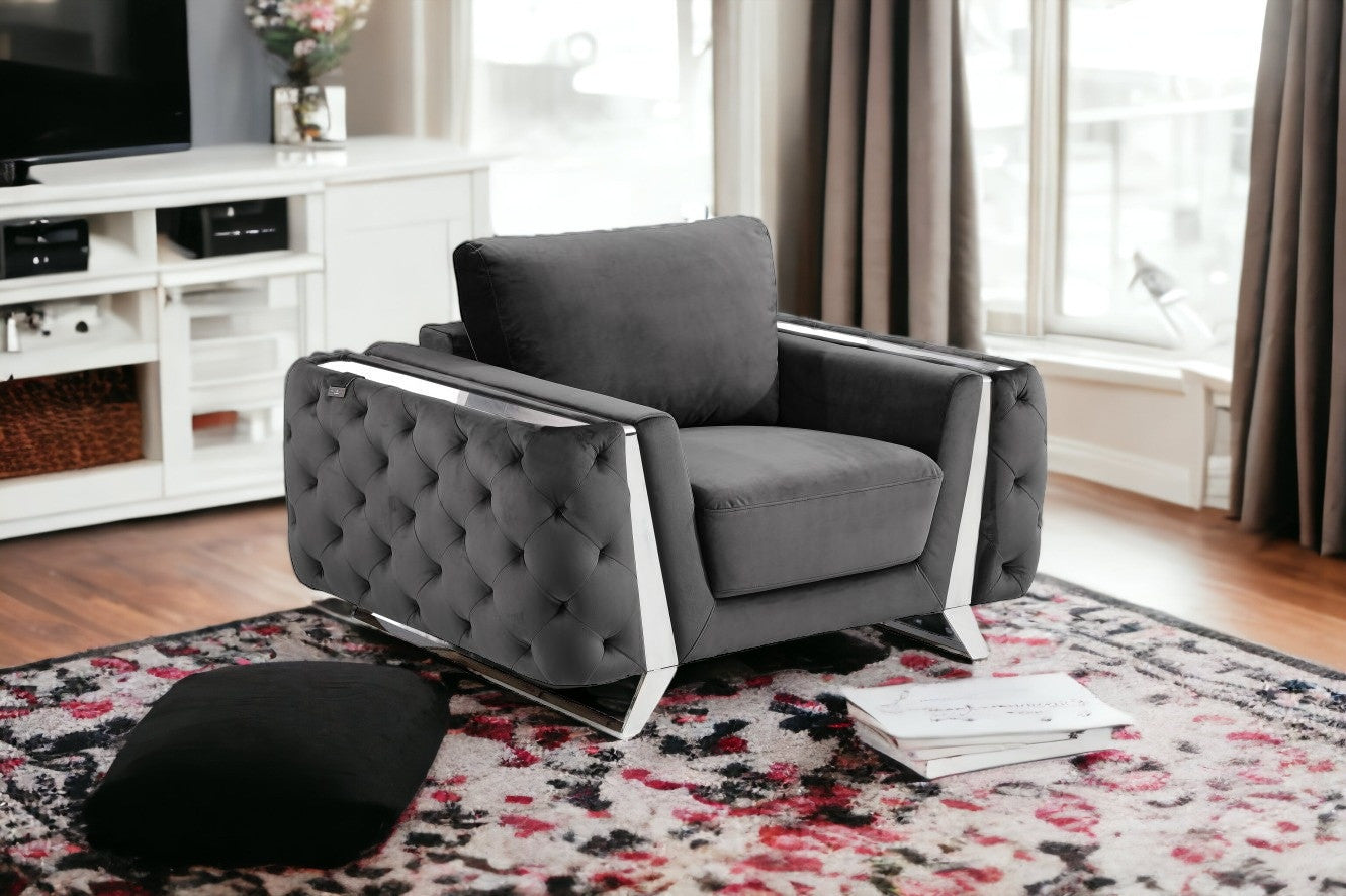 50" Dark Gray and Silver Velvet Tufted Arm Chair