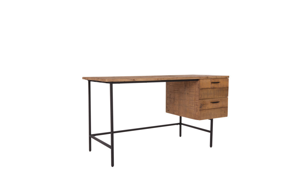 55" Brown and Black Solid Wood Writing Desk with Two Drawers