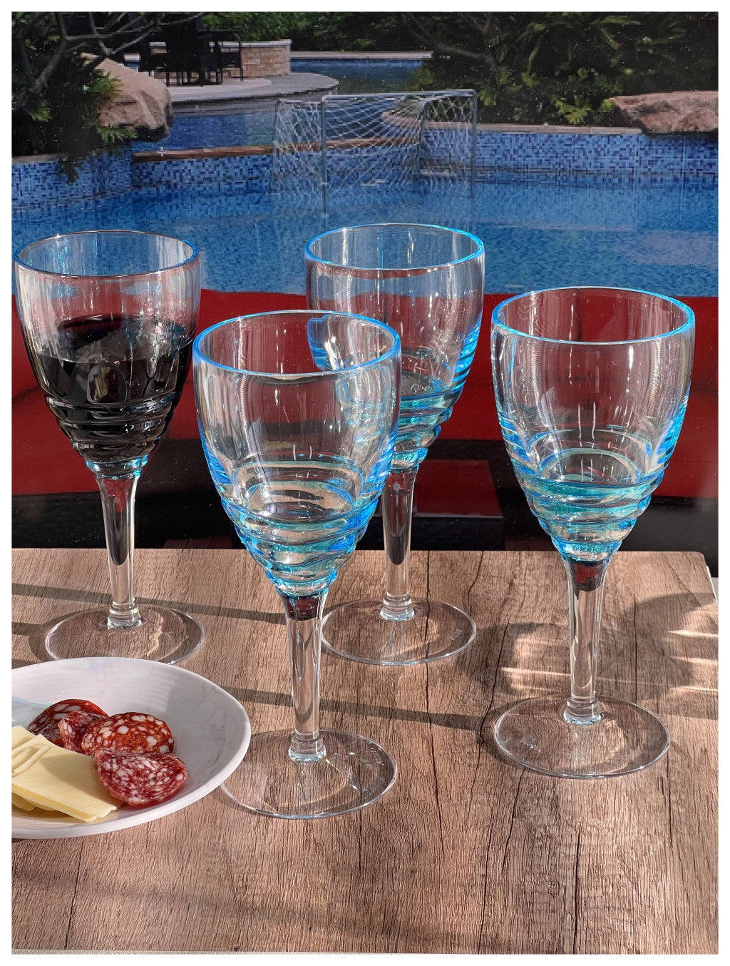 Set of Four Clear and Blue Swirl Acrylic Stemmed All Purpose Wine Glass