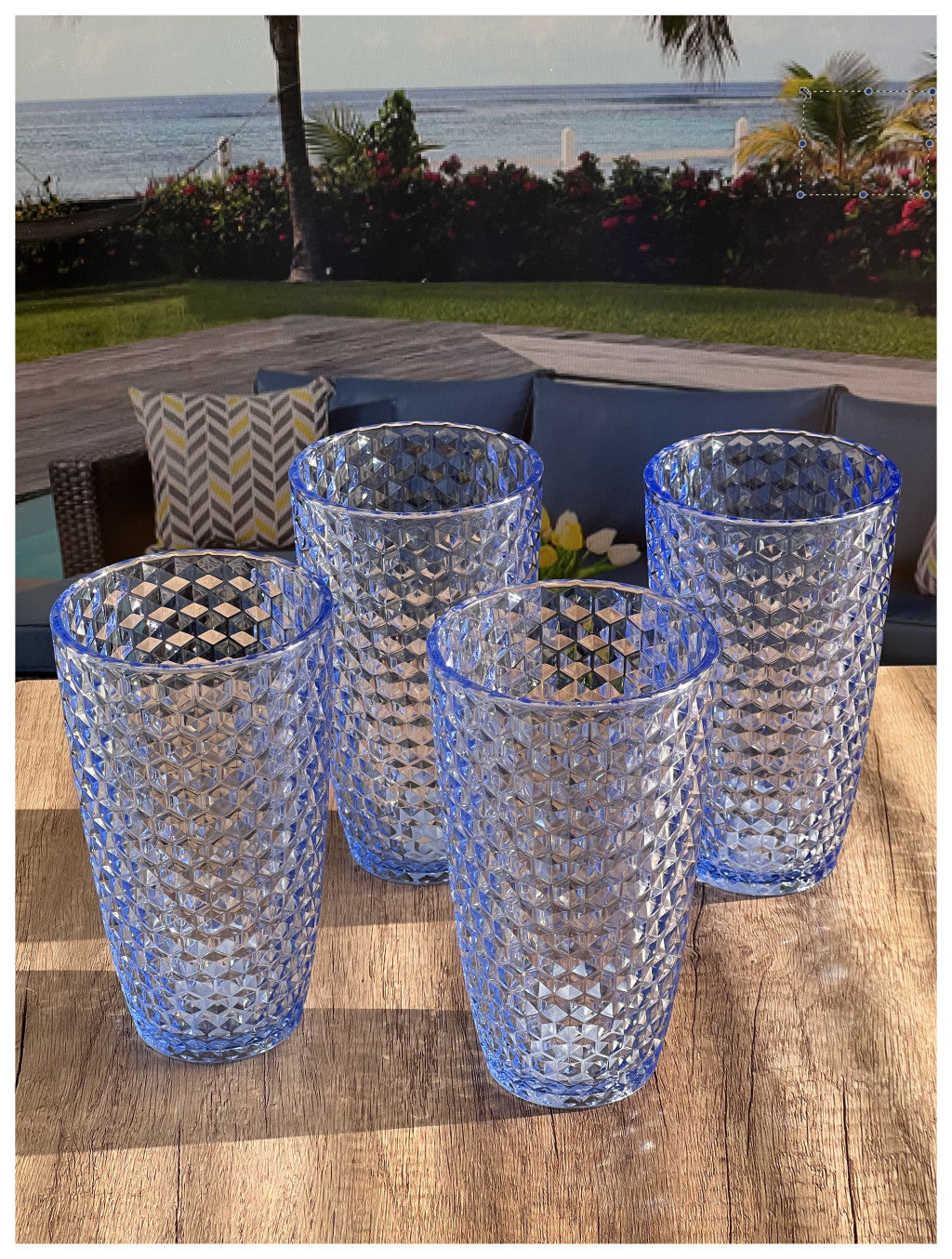 Set of Four Blue Geometric Acrylic Stemless Highball Glass