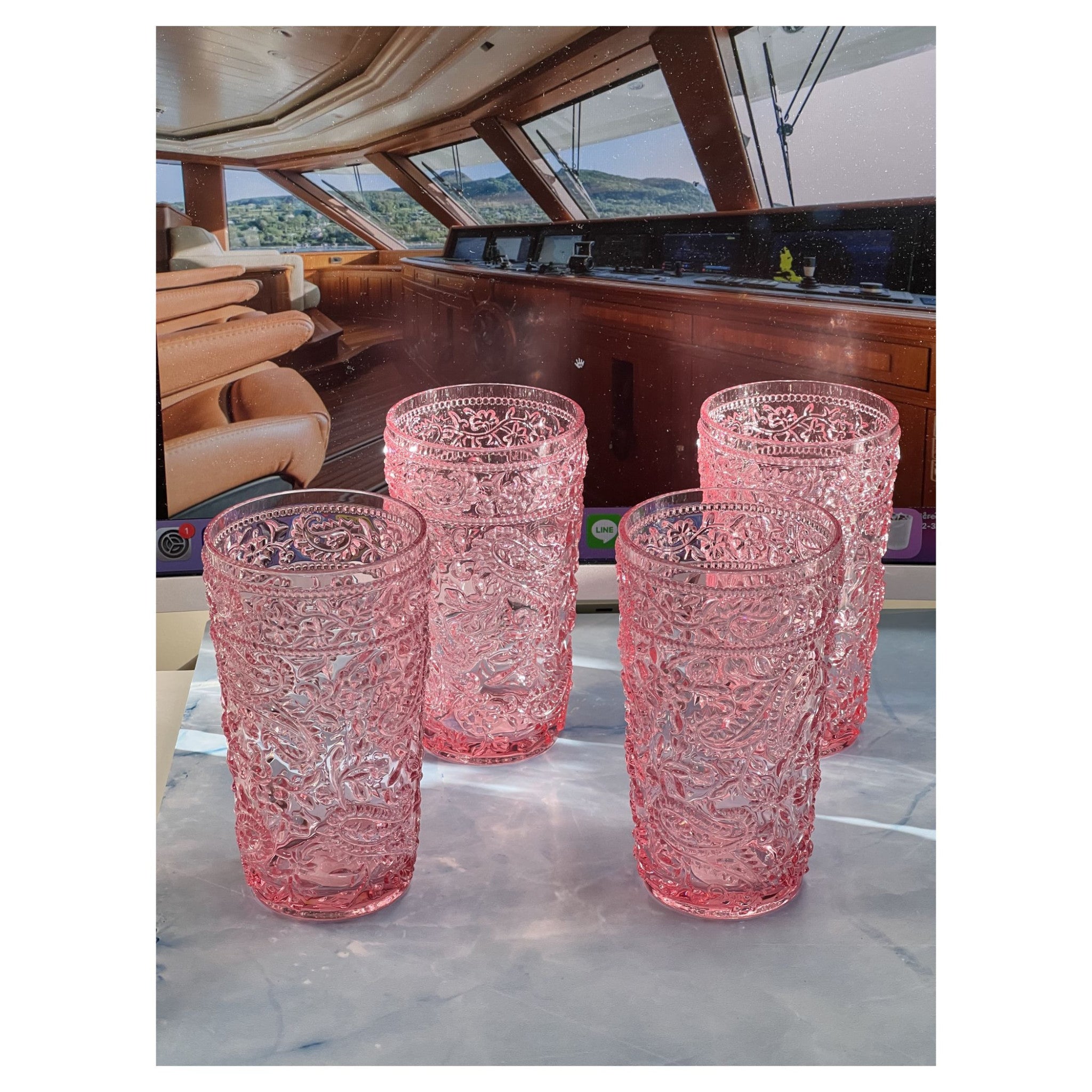 Set of Four Pink Paisley Acrylic Stemless Highball Glass