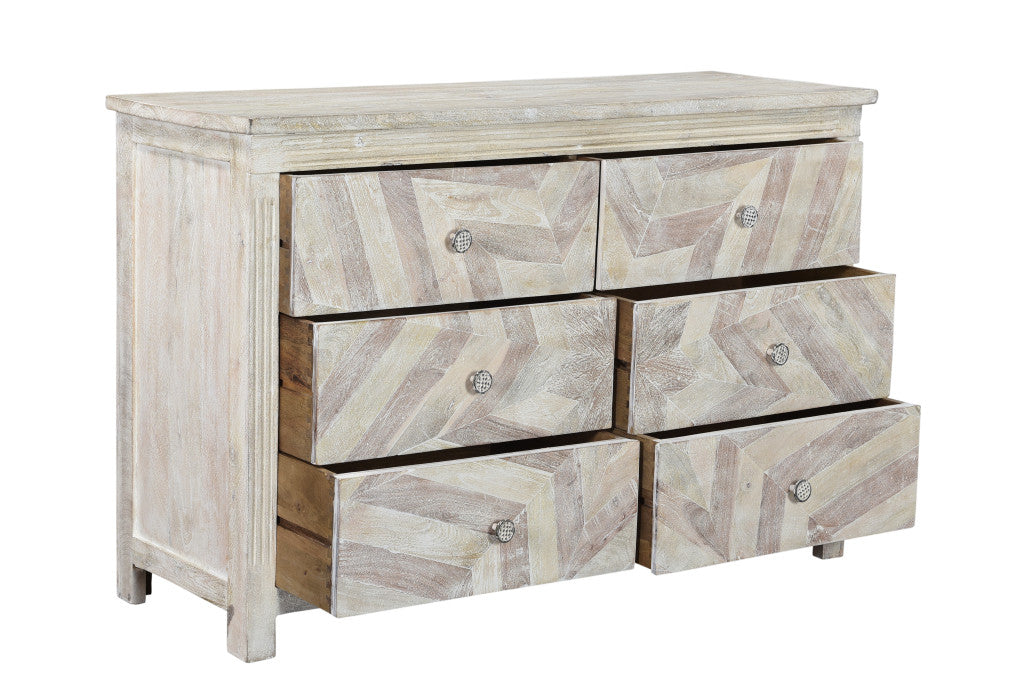 57" White Wash Solid Wood Six Drawer Double Dresser