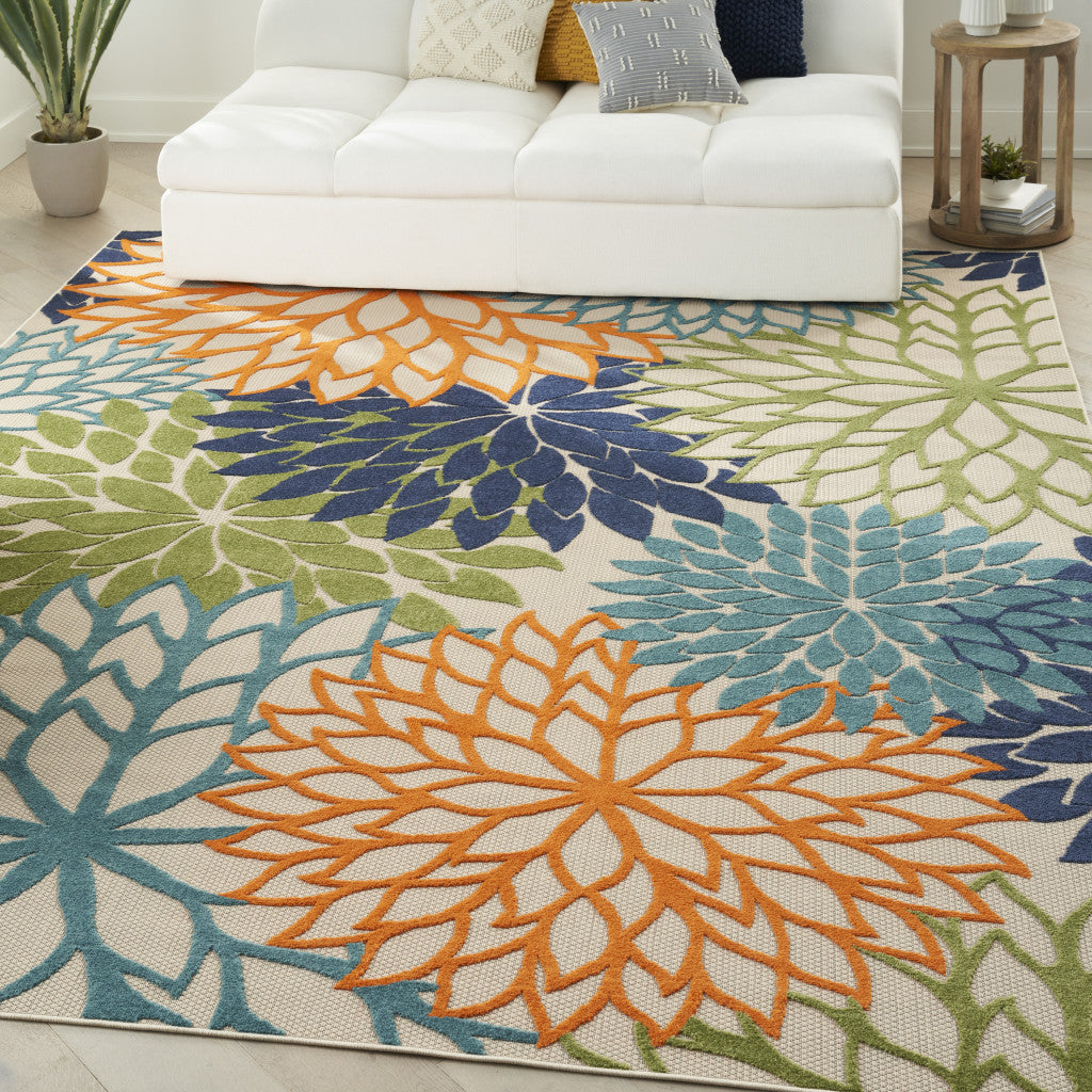 10' X 14' Blue And Green Floral Power Loom Area Rug