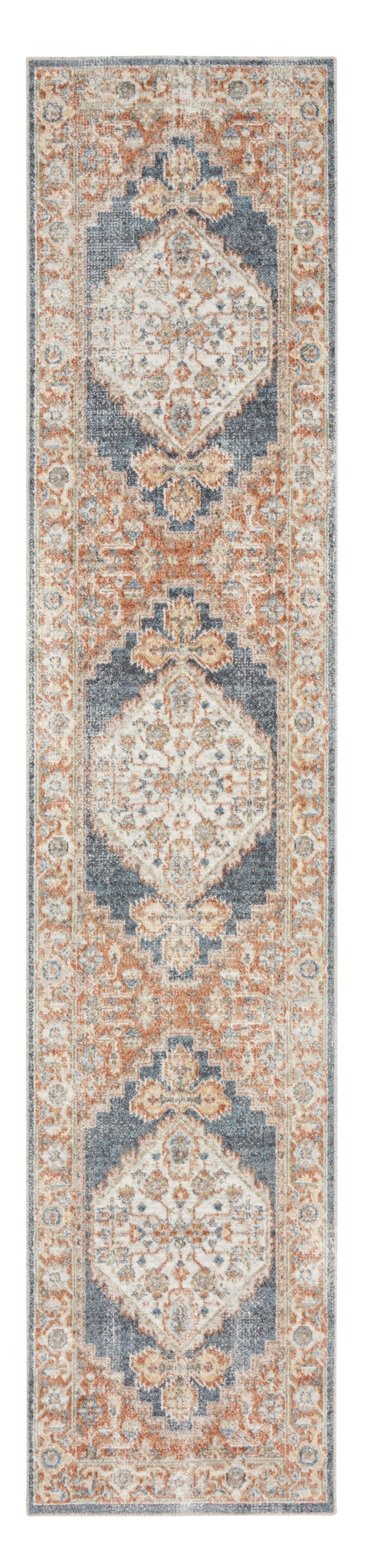 10' Denim Blue Oriental Power Loom Distressed Washable Runner Rug