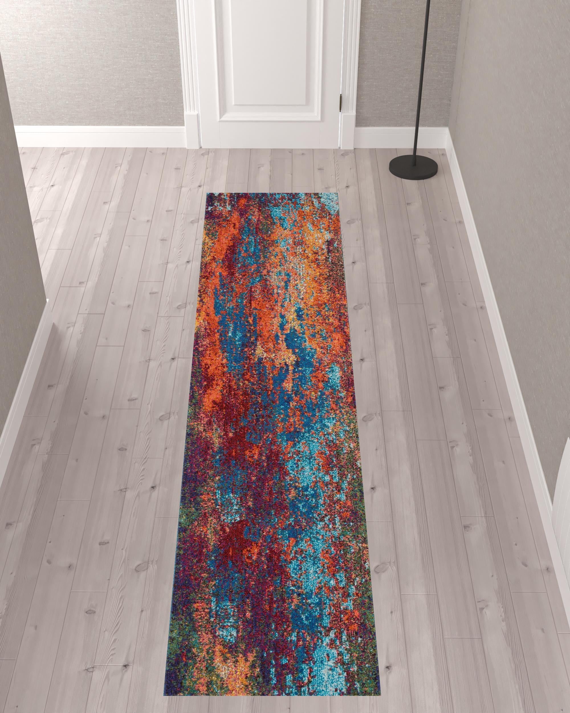 10' Blue and Orange Abstract Power Loom Runner Rug