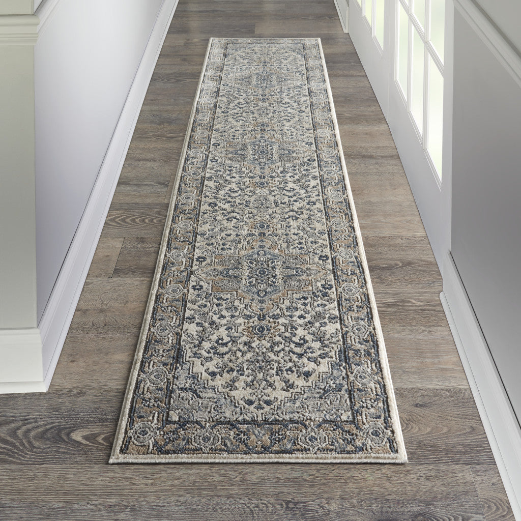 10' Gray and Ivory Medallion Power Loom Runner Rug