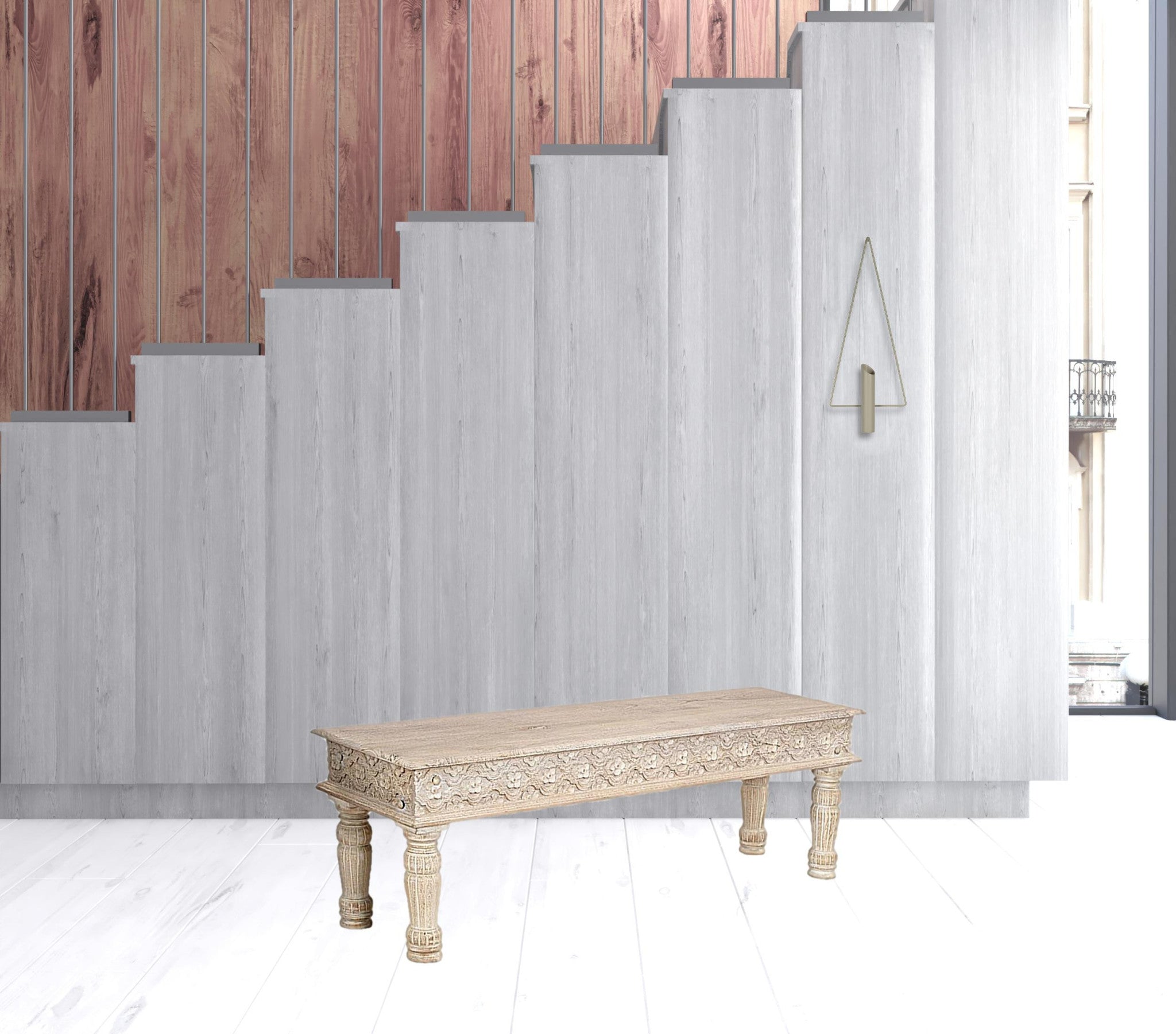 58" White Distressed Solid Wood Dining bench