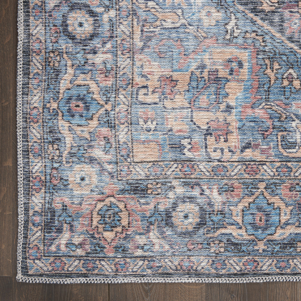 10' Blue Floral Power Loom Distressed Washable Runner Rug